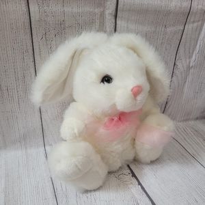 SKM White Plush Sitting Easter Bunny Floppy Rabbit Stuffed Animal Pink Ears Bow